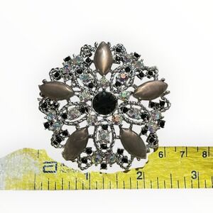 Vintage Emmons‎ Silver Tone Aurora Borealis Black Rhinestone Filigree Brooch